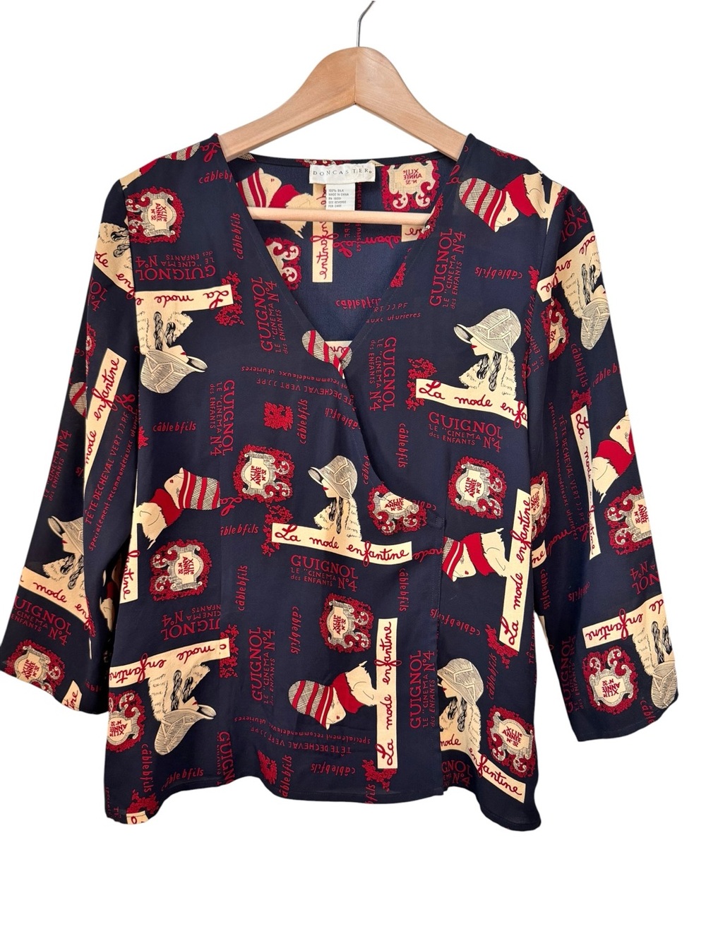 Doncaster VTG Silk V-Neck Blouse 10 French Flapper Deco Novelty Print Navy Red